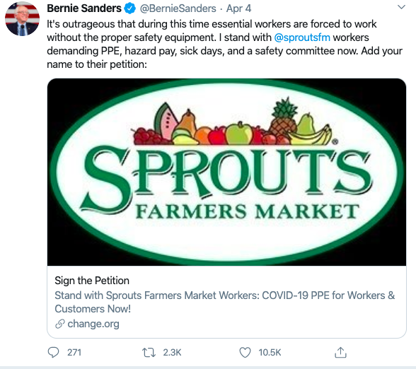 Workers across the country go to Change.org to fight for hazard pay Bernie Sanders